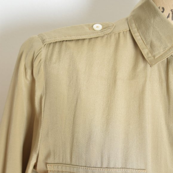 vintage 80s dress beige silk neutral secretary safari midi belted military M - Picture 4 of 7